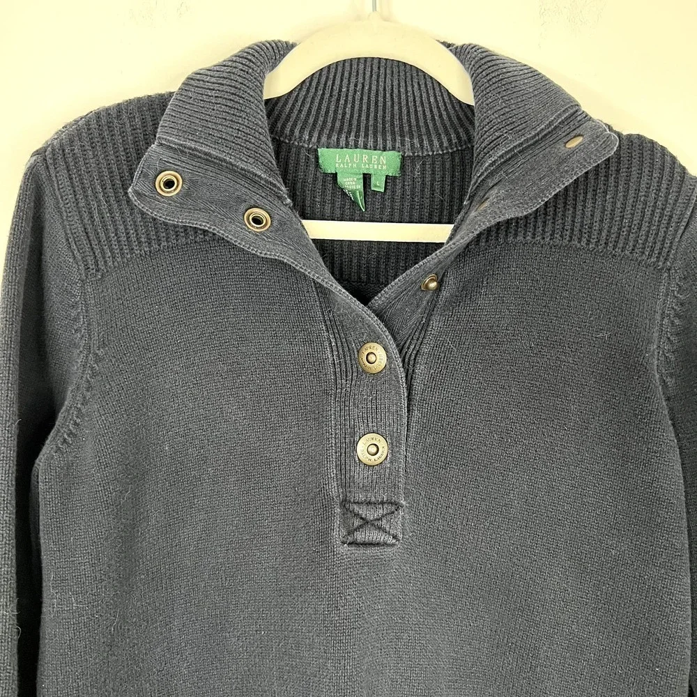 Lauren Ralph Lauren 100% Cotton Popover Button Long Sleeve Knit Sweater Sz L - Picture 2 of 8